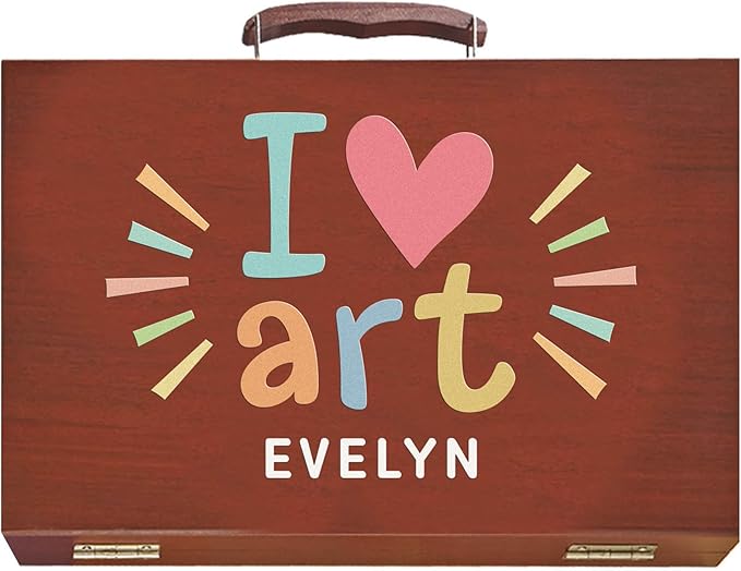 Let's Make Memories Personalized 80-Piece Deluxe Art Set - for Kids - Wood Carrying Case - Oil Crayons, Colored Pencils, Watercolors - Arts & Crafts - Palette Design - Add Name - I Love Art