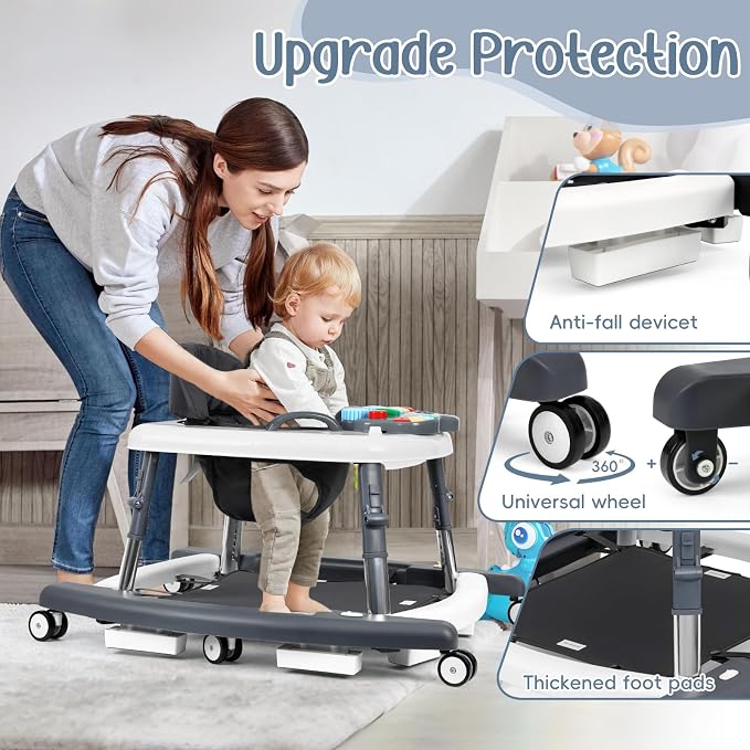 5-in-1 Music and Lights Foldable Baby Walker, Baby Walker with Wheels and Bouncer Combo Portable with 5 Adjustable Heights, Infant Toddler Walker for Baby Boy Girls 6-18 Months（Grey）
