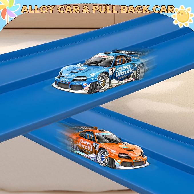 Flex Track 15 Ft Starter Set, Flexible Race Car Ramp Track for Ages 3 & Up with Suction Cups Compatible with Hot Wheels and Diecast 1/64th Cars (Blue)