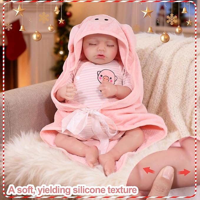 JRLCGYP Lifelike Reborn Girl Baby Sleep Pig Dolls, 18 Inch Realistic Silicone Full Body Newborn Baby Doll, Look Real Girl with Accessories, Weighted Soft Toy Gift for 3+