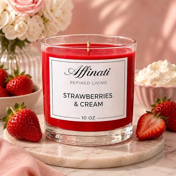 Strawberries & Cream Affinati 10 oz Scented Candle for Home – Long Lasting Fruity Soy Blend Candle with Wooden Wick, Strong Scent Throw Glass Jar Candles, Premium Clean Burning Aromatherapy Gifts