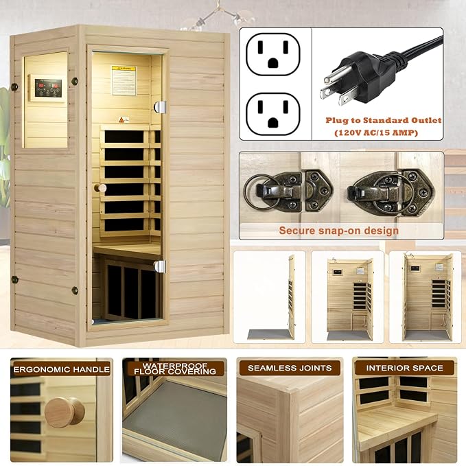 Kanlanth 1 Person Infrared Sauna - Premium European Aspen Wood, 905W Energy Efficient, Low EMF Indoor Sauna, Bluetooth Speakers, Compact Home Spa for Small Spaces, 36.6"x29.3"x63", Left Door