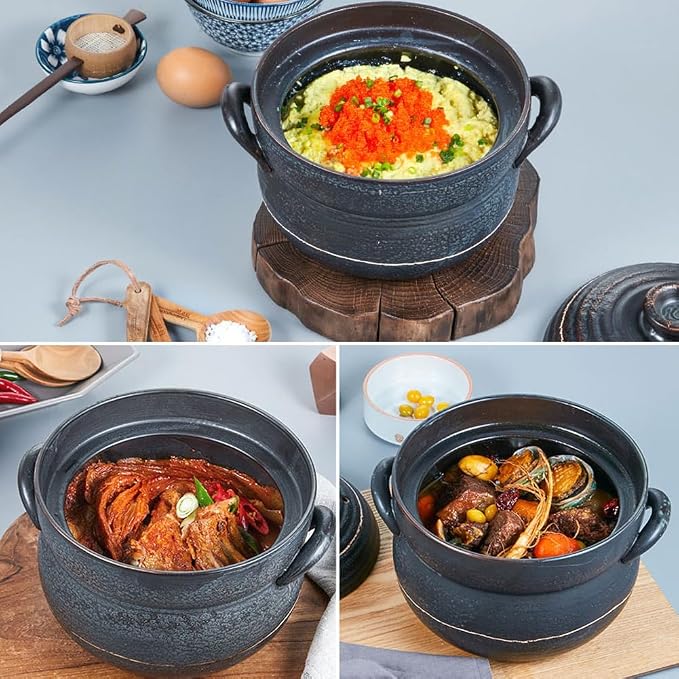 Yeoju traditional Korean Stone Pot with Lid variety of dishes Cookware black 8.7x7x4.5 inches