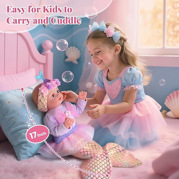 BABESIDE Mermaid Baby Doll - 17-Inch Realistic Soft Baby Dolls with Playful Mermaid Tail & Accessories Easy to Carry Mermaid Toys for 3 4 5 6 7 8 9 Years Girls Birthday Gift, Pretend Play & Christmas