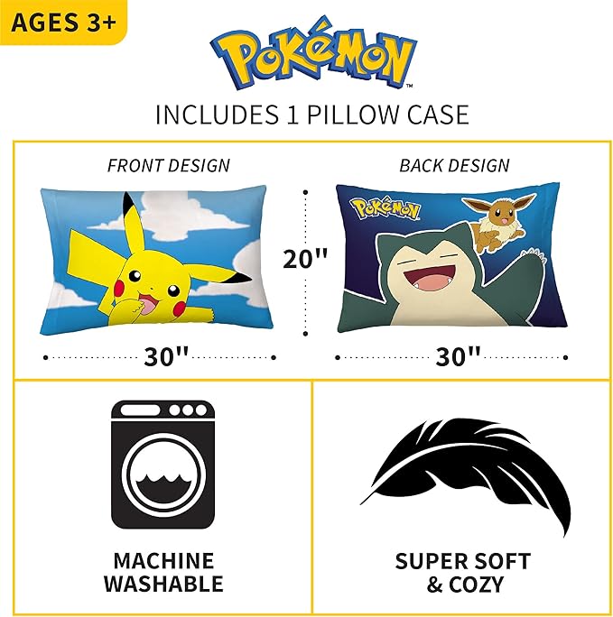 Pokémon Kids Bedding Super Soft Microfiber Reversible Pillowcase, 20 in x 30 in, (Officially Licensed Product) by Franco
