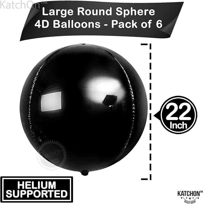 KatchOn, Large Black Mylar Balloons - 22 Inch, Pack of 6 | Round 4D Mylar Balloon for Birthday, Bachelorette Decorations | Black Birthday Party Decorations