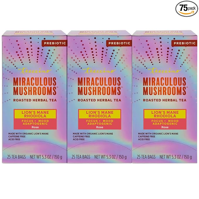 Teeccino Lion’s Mane Rhodiola Tea - Rose - 25 TeaBags Caffeine-Free Mushroom Adaptogenic Herbal Tea, 3x More Herbs than Regular Tea Bags, Lightly Sweet from Dates & Figs, Chicory Prebiotic - (Pack of 3)