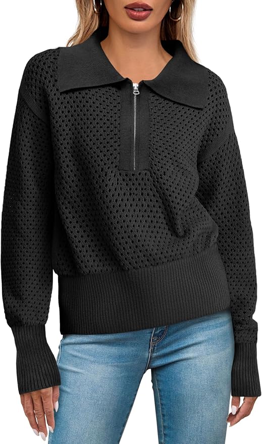Doshoop Womens Summer Crochet Sweaters Long Sleeve Hollow Out Knit Half Zip Lapel Collar Pullover Tops