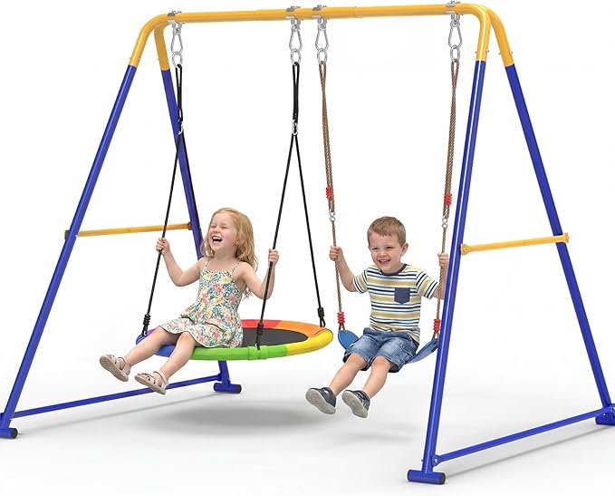 2-in-1 Swing Set for Backyard for Kids, with 1 Platform Swing, 1 Belt Swing, 440lbs Metal Swing Set for Toddler, Heavy-Duty Swing Stand w/8 Ground Stakes, Outdoor Swingset for Kids Adults (Blue)