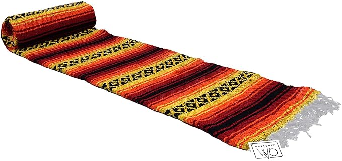 Open Road Goods Heavyweight Mexican Falsa Yoga Blanket, Extra Thick with Stripes - Great Beach, Picnic, or Throw - Handmade Sunfire Red, Orange, and Black Colors