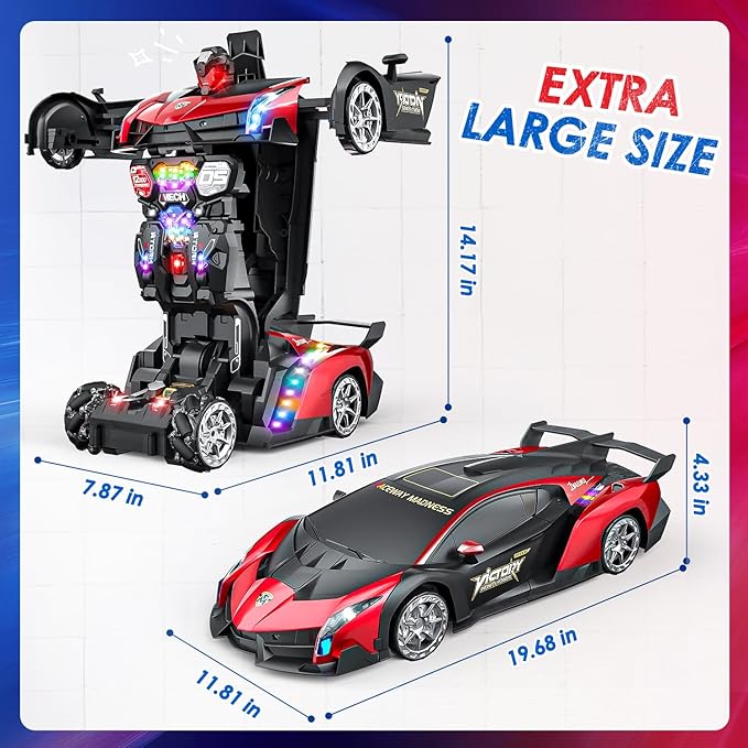 Holyton Transformer Remote Control Cars, Transform Robot RC Toys, 1:10 Scale, One-Button Robot, 2 Batteries 80 Mins Playtime, LED Lights, Sound Effects, ideal gift for 5 6 7 8 9 10 11 12 Years Old Boy