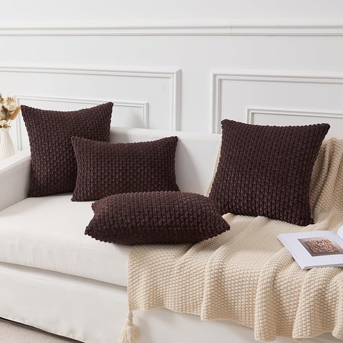 Kevin Textile Soft Corduroy 12"x24" Lumbar Pillow Cover 1 Pack, Coffee | Boho Stripe Plush Corduroy Decorative Oblong Cushion Cover Modern Farmhouse Home Decor for Sofa Couch Bed Chair