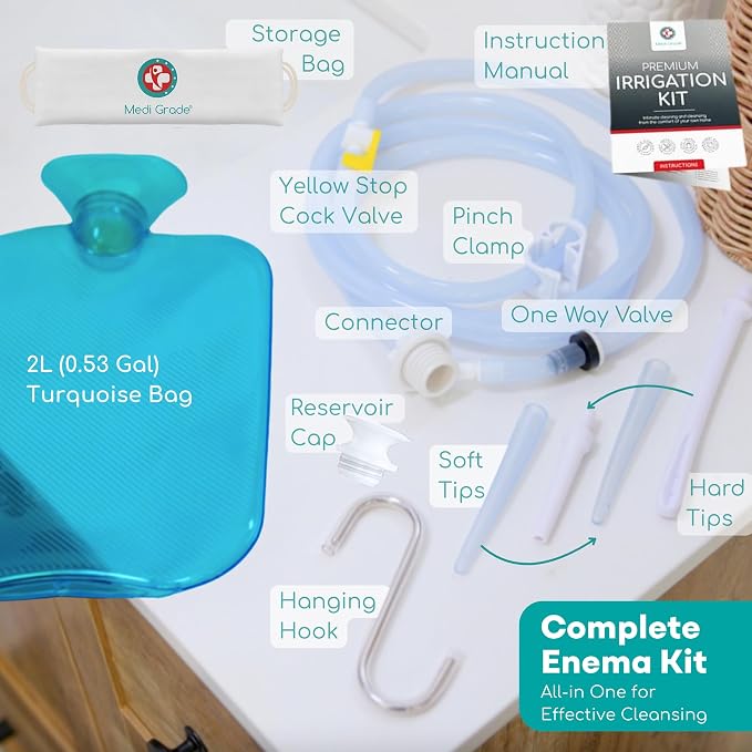 Medi Grade Enema Kit for Adults, 2L Capacity - Transparent, Hands-Free with One-Way Valve, 4 Tips and Enema Bag - Enemas for Colon Cleanse for Women and Men - for Coffee Enema & Colon Cleansing