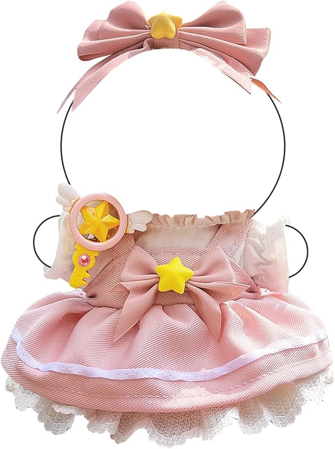 Doll Clothes – Magical Girl Outfit for 17cm Labubu, Layered Pink & White Satin Dress with Star Bow, Large Ribbon Headpiece & Magic Wand Accessory –Doll Not Included