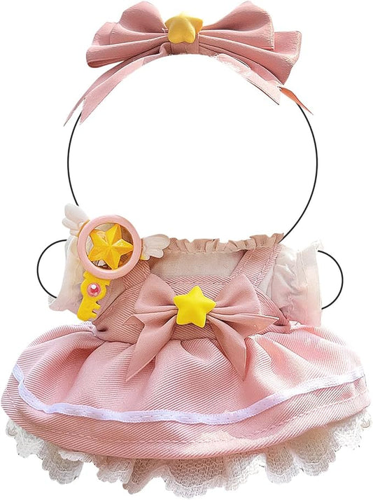 Doll Clothes – Magical Girl Outfit for 17cm Labubu, Layered Pink & White Satin Dress with Star Bow, Large Ribbon Headpiece & Magic Wand Accessory –Doll Not Included
