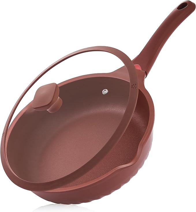 Vinchef 12" Terracotta Nonstick Ceramic Red Frying Pan, 5.5Qt | Red/terracotta German 3C+ toxin-free ceramic PFOA-free. Induction/gas compatible. Heat indicator handle. Lightweight die-cast