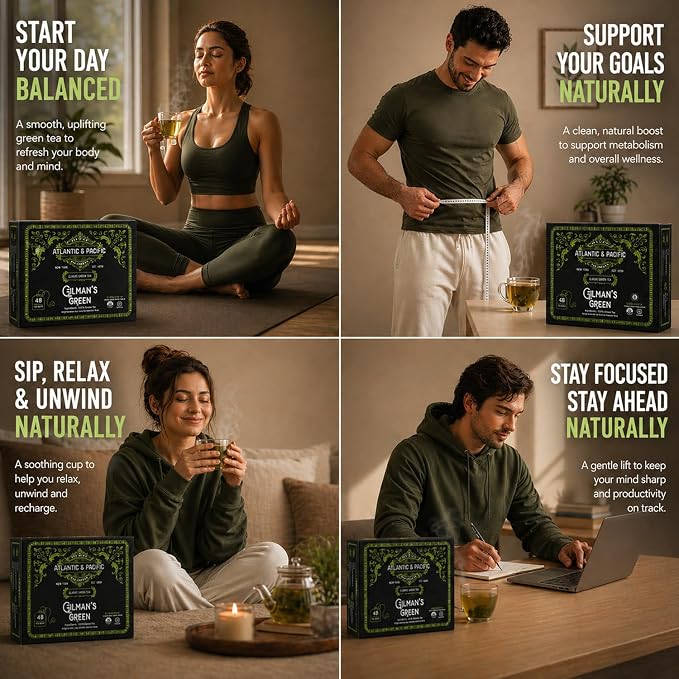 A&P Coffee Gilman’s Organic Green Tea Bags, 48 Count, Smooth Flavor Green Tea, Naturally Caffeinated, Rich in Antioxidants, Fresh Aroma, Premium Green Tea, Hot or Iced Tea