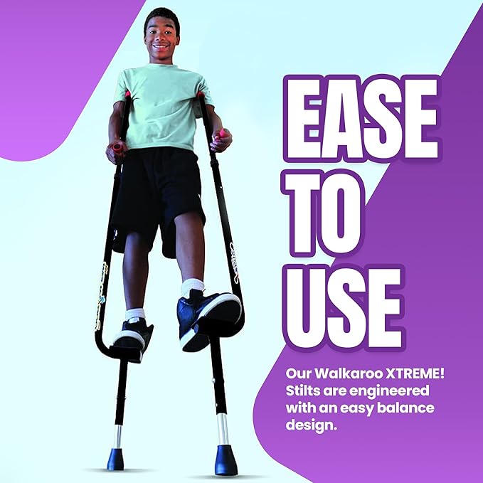 Geospace Adjustable Walkaroo Xtreme Steel Stilts for Kids - Indoor/Outdoor Play, Exercise, Steel Stilts for Adults- Up to 250 lbs, Height Adjustable Walking Stilts, Kids Stilts - Black
