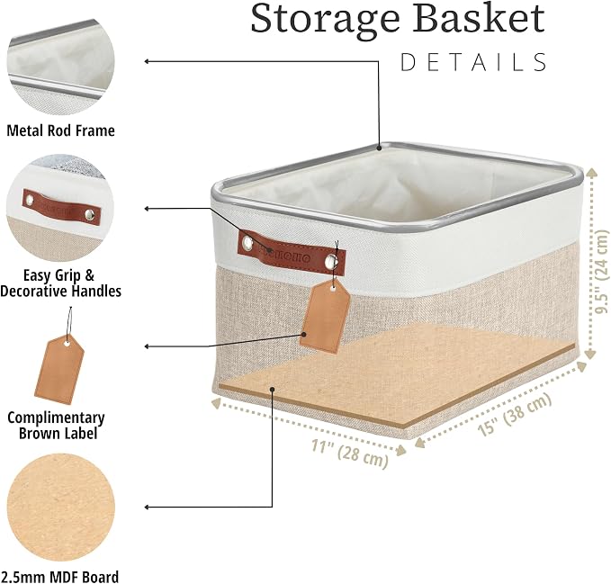DECOMOMO Storage Bins, Large Fabric Storage Baskets for Shelves 3 Pack | 15 x 11 x 9.5 inches Decorative Linen Closet Organizers with Handles(Beige and White)