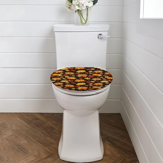 Toilet Lid Cover, Bathroom Decorative Flannel Soft Toilet Lid Cover, Bathroom Accessories Machine Washable Reusable-Pumpkins Maple Leaves