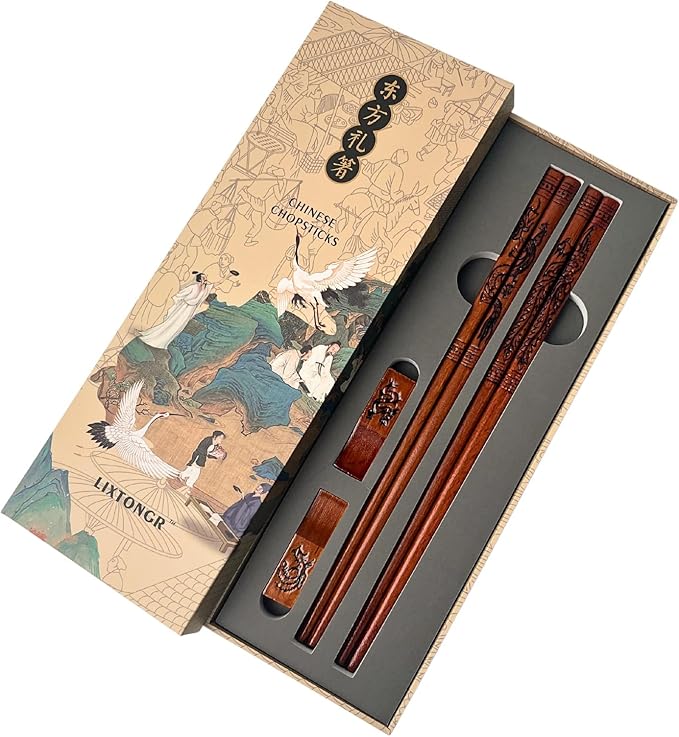 Dragon & Phoenix Wooden Chopsticks Set, Hand-Carved, 2 Pairs | Food-Safe, Non-Toxic, Reusable, Non-Slip Grip, 9 Inch, Elegant Gift Box, Sushi, Ramen, Hot Pot, Wedding, Housewarming