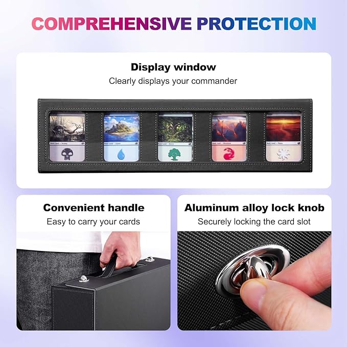 UAONO Trading Card Storage Box with Commander Display, 5 Row Magic Card Box with Handle & Aluminum Alloy Locking for 3900+ Unsleeved Cards Suits for MTG PTCG TCG Sports Cards (Black Gray)