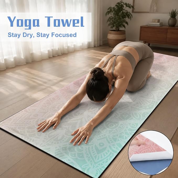 Yoga Mat Towel, Hot Yoga Non Slip with 4 Corner Pockets, 74 x 26 in | Soft Absorbent Microfiber With Four Corner Pockets, Fits Over Yoga Mats For Hot Yoga, Pilates, Gym, And Travel