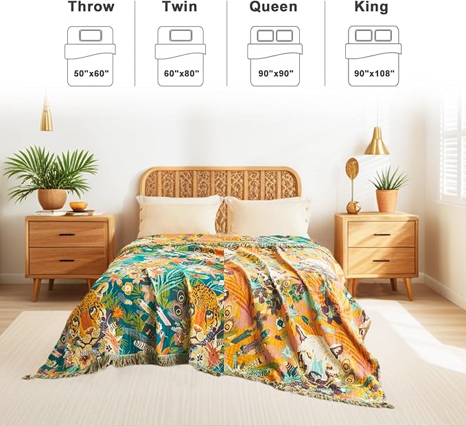 LUTBM Boho Throw Blanket for Couch 50"x60", Cotton Decorative Bed Throws | Reversible Leopard Jacquard, All-Season Muslin Blanket, For Chair Sofa Living Room, Lightweight & Breathable, Whimsical Decor