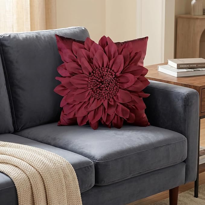 Burgundy Accent 3D Flower Decorative Throw Pillow Covers for Bed Sofa Couch | Bella's Giftshop Handmade Sunflower Taffeta Pillow Cases Living Room Bedroom Decor, 18x18 Inch