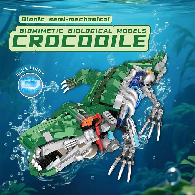 Mechanical Crocodile Building Set with Lights, Rotatable Link Components & Display Stand, STEM Building Set for Boys 8-14, Home Office Decor for Adults, Mechanical Enthusiasts（648PCS）