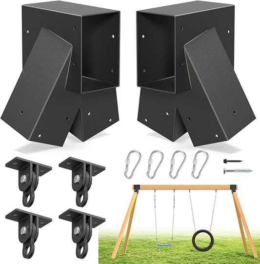 Heavy Duty Swing Sets Bracket Kit, Including 2 A-Frame Swing Set Brackets and 4 Swing Hangers, for Playground Equipment Mounting Parts, Porch, Yard (Black)