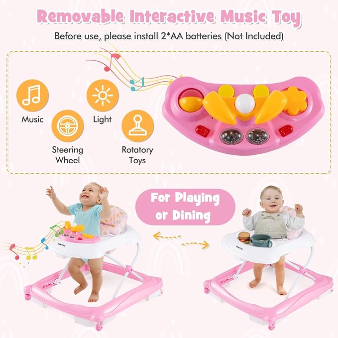 HONEY JOY Baby Walker, 5 in 1 Infant Activity Walker with Wheels, Music, Removable Cushion, Toddler Foldable Push Walker for Boys Girls, Anti-Rollover Walkers for Babies 7-14 Months (Pink)