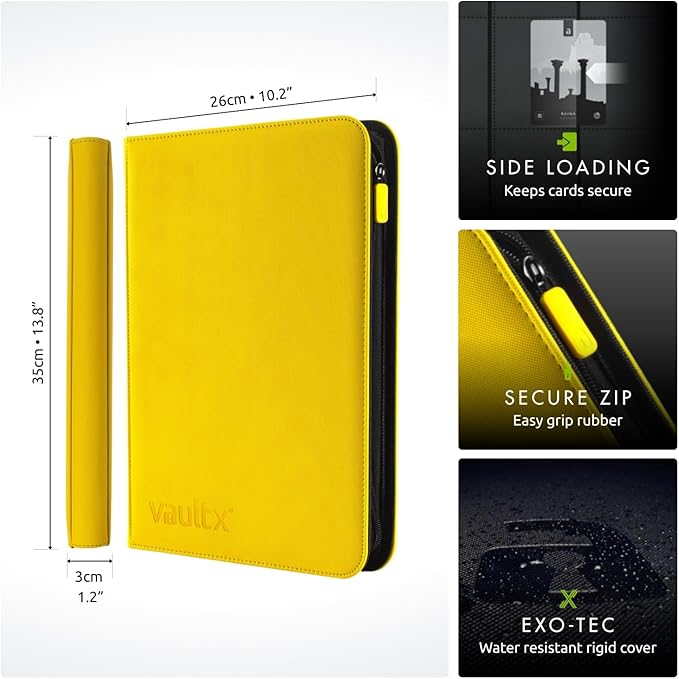 Vault X 9 Pocket Zip Binder, 360 Cards, Exo-Tec Material, 20 Side-Loading Pages (Yellow)