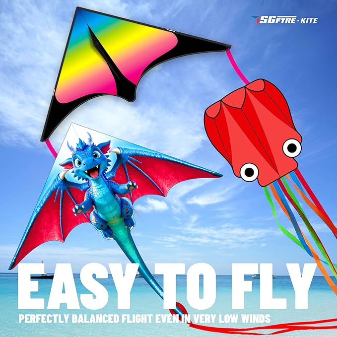 SGftre 3 Piece Set Butterfly Delta Octopus Kites for Kids and Adults，Easy to Fly for Outdoor Adults Children Line Kite for Kids Toy (Blue Dragon+ Delta+Octopus Red, 3)