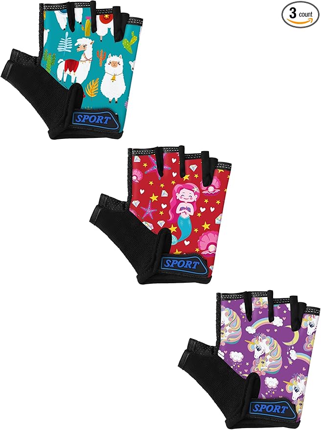 Boao 3 Pairs Kids Half Finger Bike Gloves Non-Slip Breathable Adjustable Birthday Gift for Boys Girls for Bike Workout