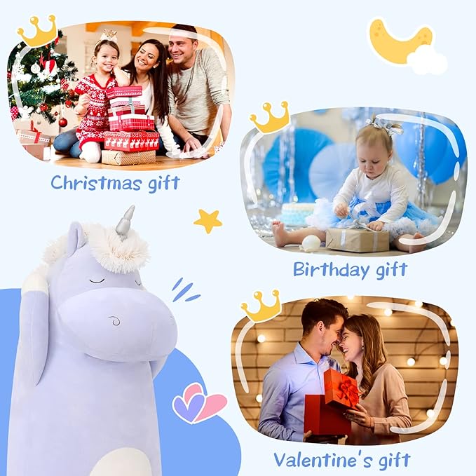 MorisMos 24" Unicorn Body Pillow, Soft Plush Toy for Kids & Adults, Blue