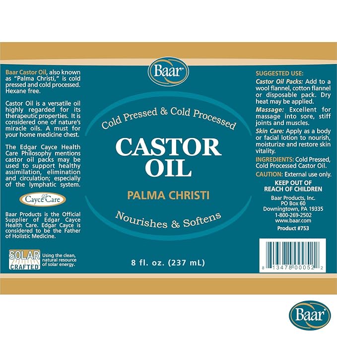 Baar Cold-Pressed Castor Oil, Cold-Processed, Hexane-Free, Palma Christi, for Skin, Hair, Massage & Castor Oil Packs, BPA-Free Bottle, 8 oz.