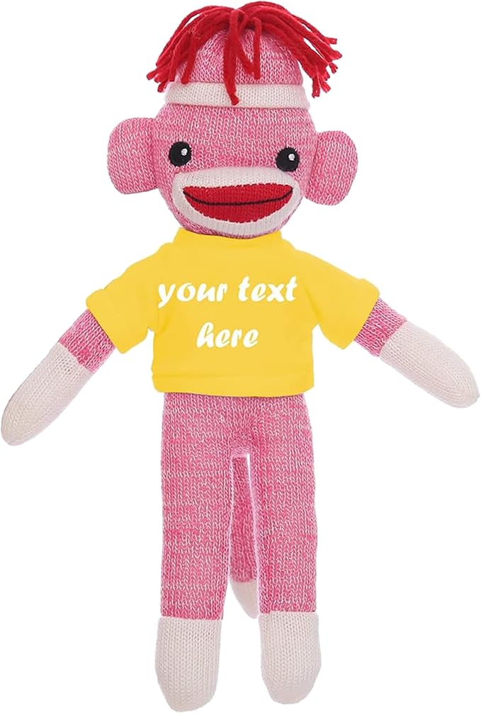 Huggable Pink Sock Monkey 8 Inch, Plush Stuffed Animal Personalized Gift-Custom Text on Shirt-Perfect for Halloween Day, Valentine's Day, Graduation Day, or Birthday Present (Yellow)
