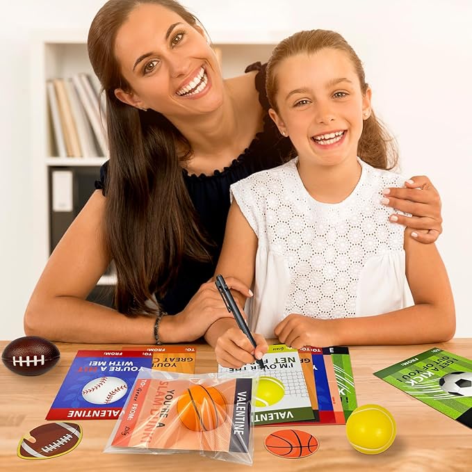 Sports Valentines Cards Gifts for Kids School Classroom -24 Pack,Mini Foam Ball Toys with Exchange Cards for Boys Girls,Valentines Party Favors Goodie Bag Stuffer Class Treats Prizes for Toddlers