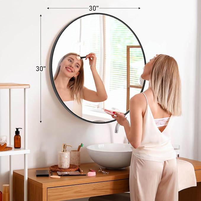 Sweetcrispy Round Bathroom Mirror for Over Sink, 30 Inch Wall Mounted Vanity Mirror with Matte Metal Frame, Decor for Bathroom, Entryway, Bedroom, Black
