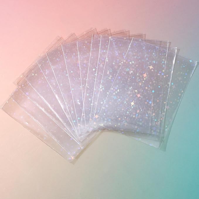 Penitue 100pcs Photocard Sleeves, 9.1x6.5cm/3.58x2.56in Star-Shape Laser Flashing Card Sleeves Holographic Foil Protective Cover for Card Enthusiasts