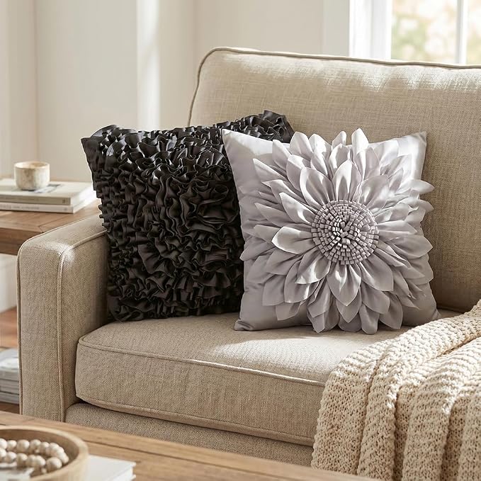 Grey Accent 3D Flower Decorative Throw Pillow Covers for Bed Sofa Couch | Bella's Giftshop Handmade Sunflower Taffeta Pillow Cases Living Room Bedroom Decor, 18x18 Inch