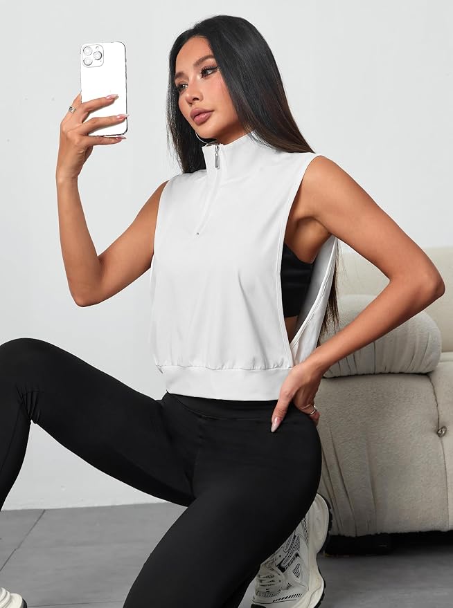 Avanova Women Sleeveless Golf Shirt 1/4 Zip Workout Tank Top | Open Side, Polo Collared, V Neck, Cropped Length, Golf Tops, Athletic, Relaxed Fit, Stretchy, Lightweight