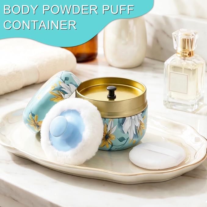 SHIMIDO Body Powder Puff and Container, 3.15" Portable Empty Body Powder Container for Baby Women's Loose Dusting Powder, Powder Case Box with Lids for Bath, Travel and Home Use (Cyan Flower)