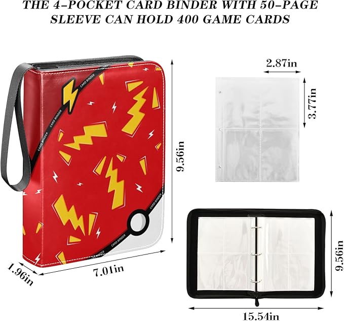 Red Lightning Card Binder, 4 Pocket Trading Card Holder with 50 Removable Sleeves, Zipper Card Binder Fits 400 Cards, Collection Card Storage Case Album Book Gifts