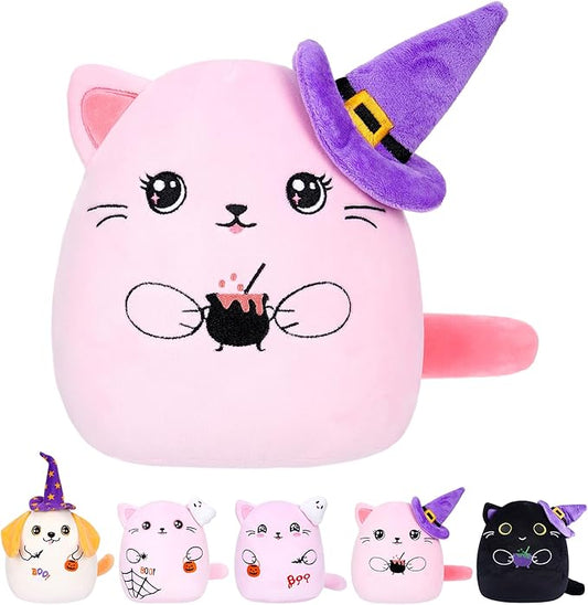 Halloween Plush Cat Stuffed Animal – Pink Cat Plush Halloween Decoration Costume Companion Cute Witch Accessory Kids Family Party Favors 10 Inch