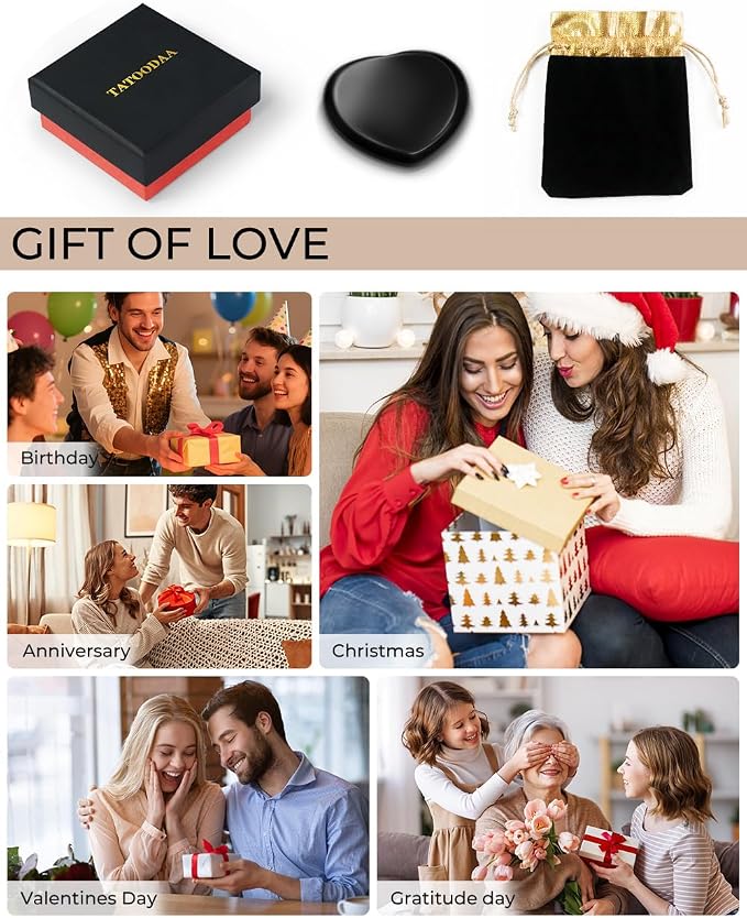 Natural Black Obsidian Heart Worry Stone - Polished Thumb Pocket Stone for Anxiety & Stress Relief - Heart-Shaped Crystal for Reiki Healing, Meaningful Spiritual Gift for Women & Men