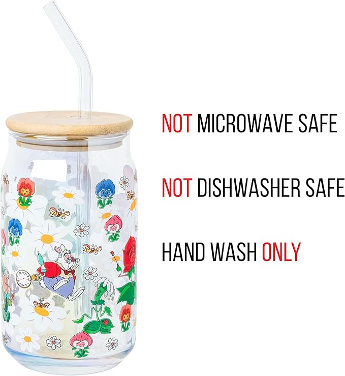 Silver Buffalo Disney Alice in Wonderland Wild Flower Glass Tumbler with Bamboo Lid and Glass Straw Featuring Alice, White Rabbit, Cheshire Cat, Dinah, Dormouse, and March Hare, 16 Ounces