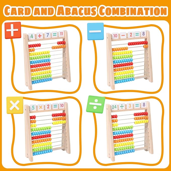 Wooden Abacus for Kids, Math Learning Tool, 10-Row Bead Frame with Counting Sticks, 1-100 Number Cards & Math Symbols, Preschool Educational Toy for Toddlers 3+