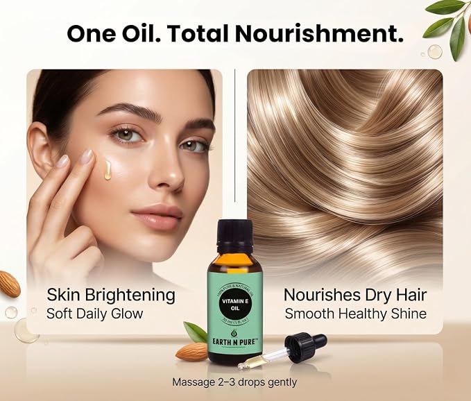 Earth N Pure Vitamin E Oil Therapeutic Grade for Skin, Hair and Nails with Glass Dropper 30 ml